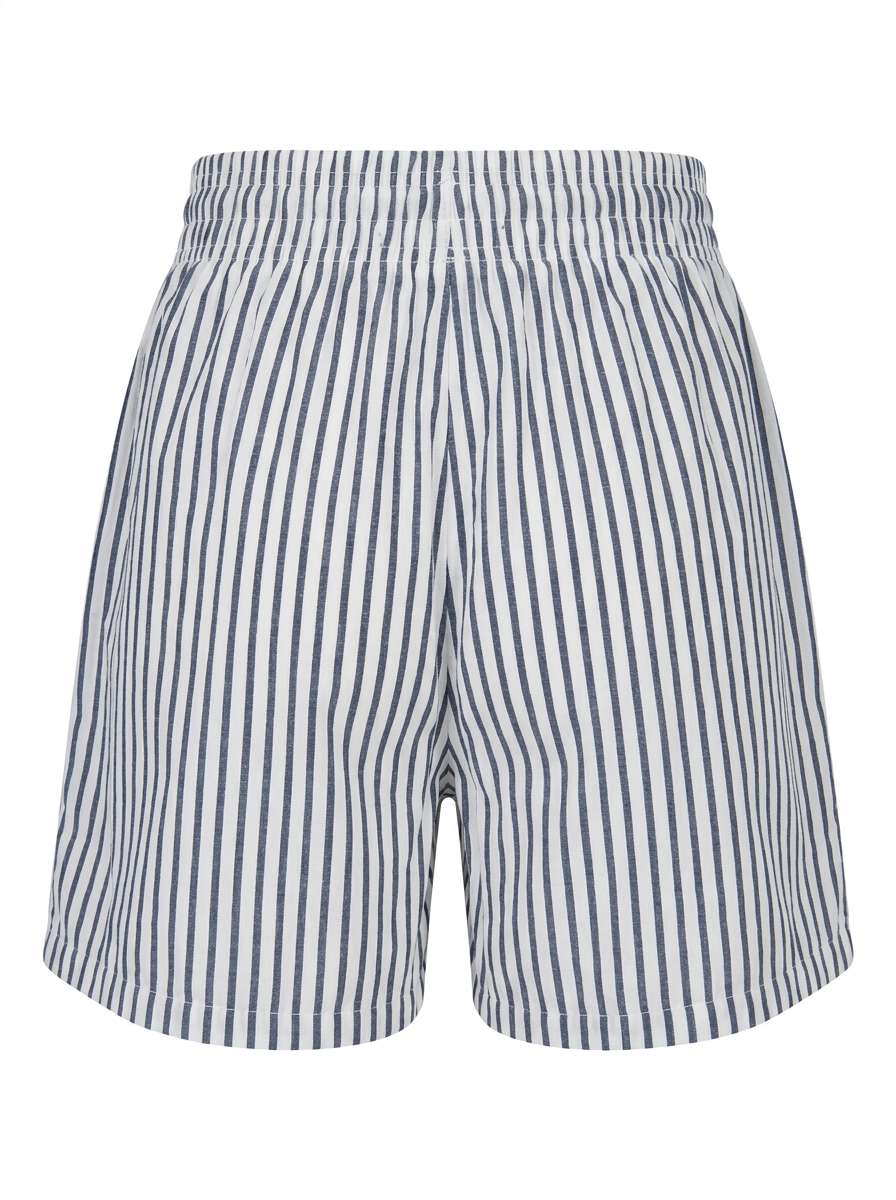 Ghost cut mannequin wearing STRIPE SEERSUCKER ELASTIC WAIST SHORT WITH POCKETS on  a white background. 