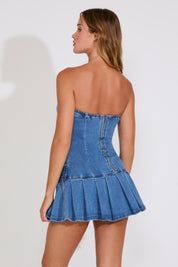 DENIM TUBE TOP EYELET PLEATED MINI DRESS WITH BELT