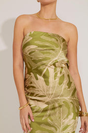 STRAPLESS CLASP-BACK TROPICAL PRINT MAXI DRESS