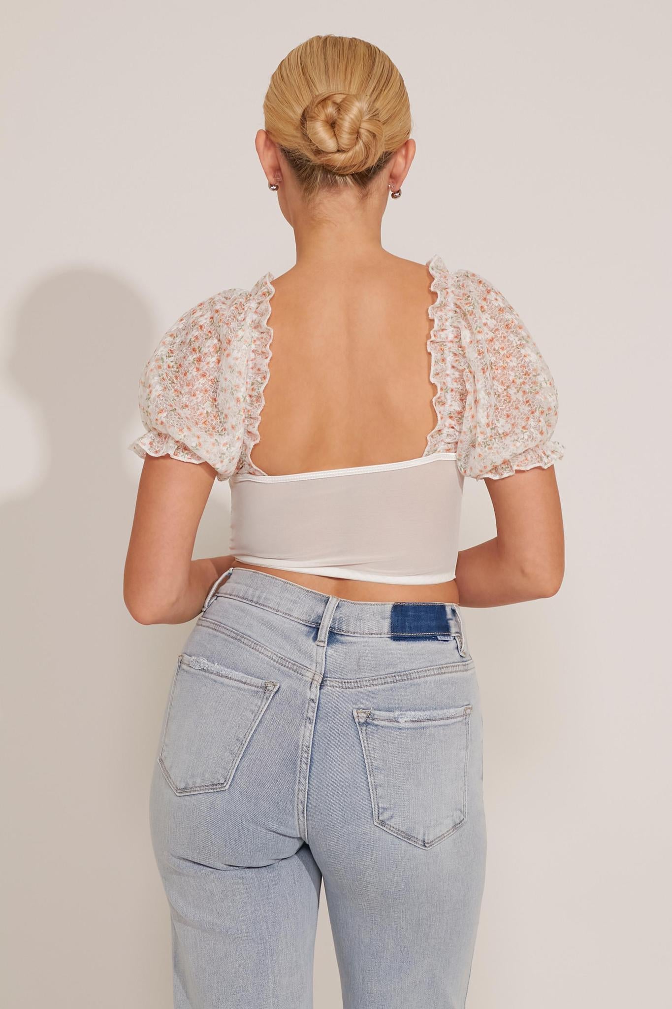 FLORAL PRINT PUFF SLEEVE CROPPED CORSET TOP