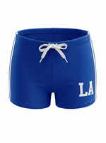 Ghost cut image of a blue LOS ANGELES SIDE STRIPES PULL ON MICRO SHORT on a white background.