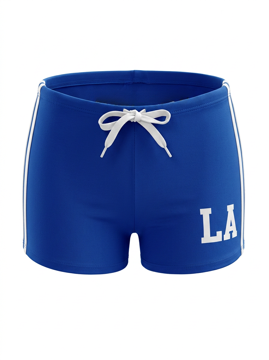 Ghost cut image of a blue LOS ANGELES SIDE STRIPES PULL ON MICRO SHORT on a white background.