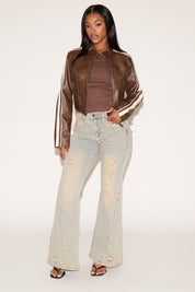 DOUBLE SLEEVE STRIPES VEGAN LEATHER MOTO JACKET