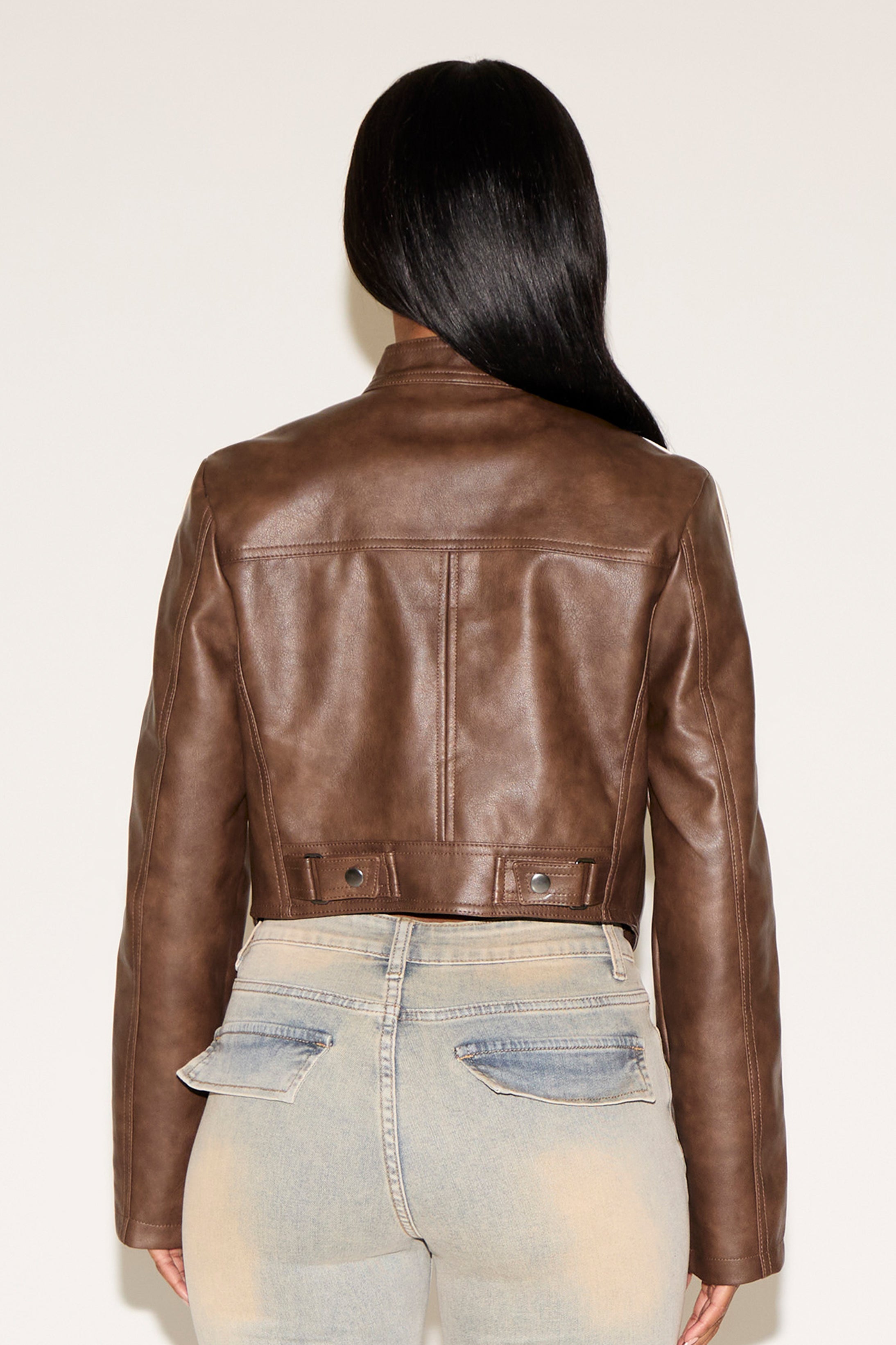 DOUBLE SLEEVE STRIPES VEGAN LEATHER MOTO JACKET