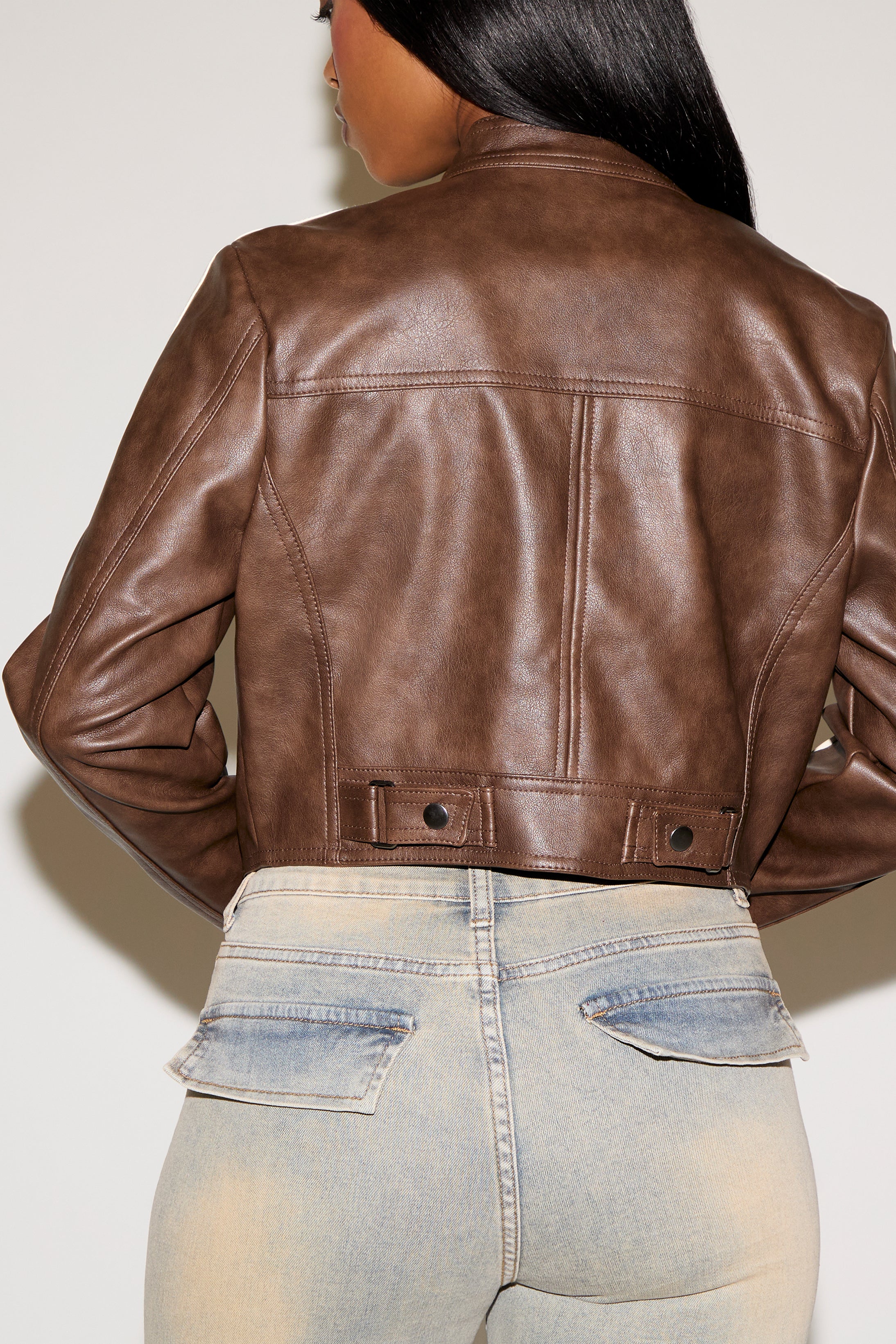 DOUBLE SLEEVE STRIPES VEGAN LEATHER MOTO JACKET