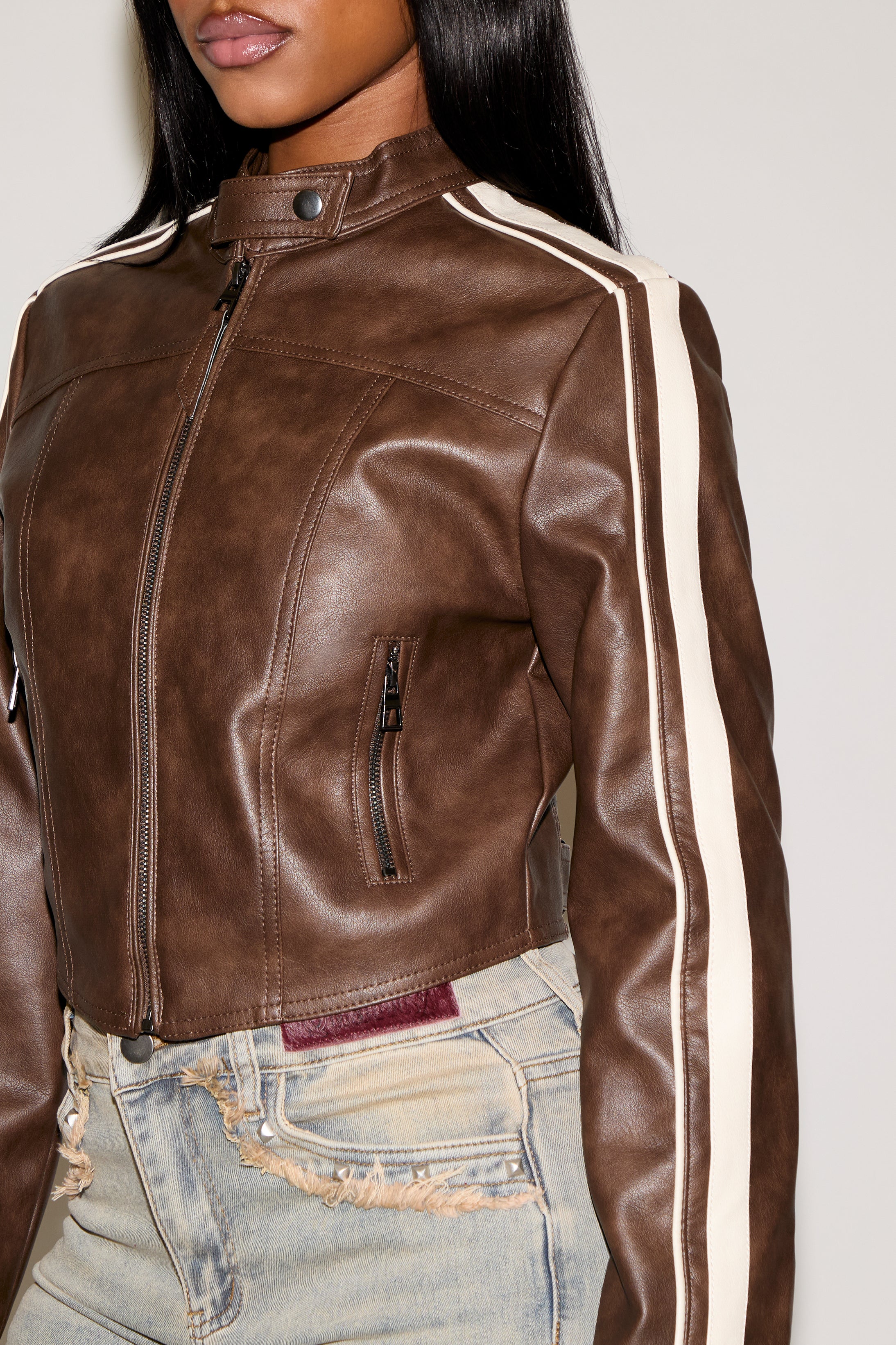DOUBLE SLEEVE STRIPES VEGAN LEATHER MOTO JACKET