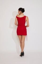 OFF SHOULDER RUCHED SIDE TIES MINI DRESS