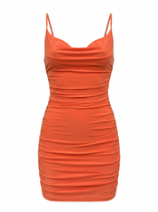 Ghost cut mannequin image featuring an orange cami criss cross back ruched sleeveless mini dress on a white background. 