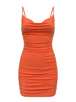 Ghost cut mannequin image featuring an orange cami criss cross back ruched sleeveless mini dress on a white background. 