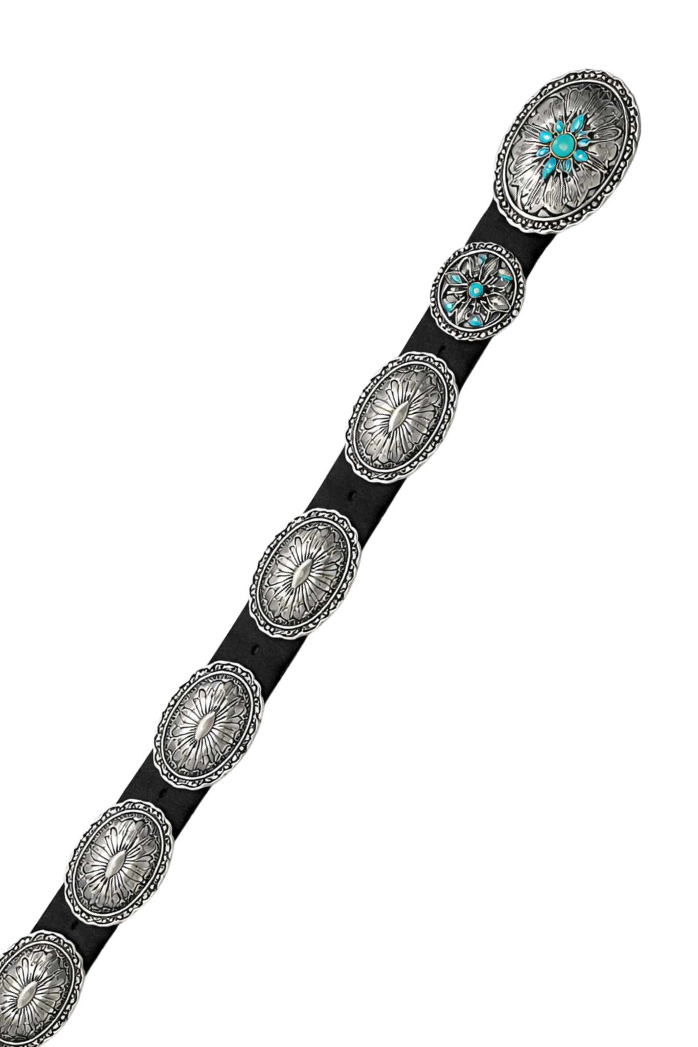 Belt with decorative silver and turquoise concho design on a white background