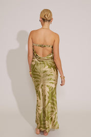 STRAPLESS CLASP-BACK TROPICAL PRINT MAXI DRESS