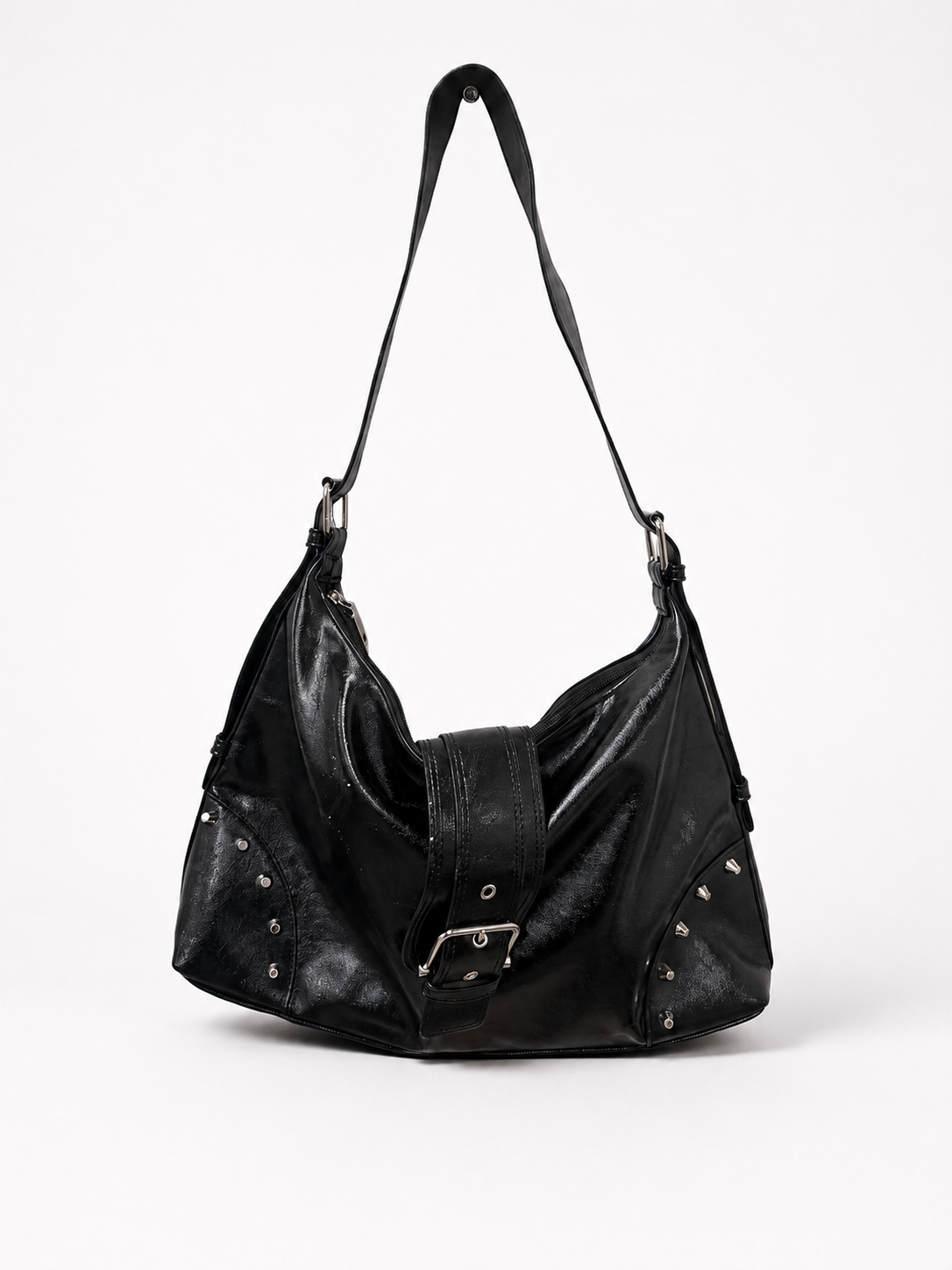 STUDDED HARNESS AND ACCENTS HOBO VEGAN LEATHER BAG