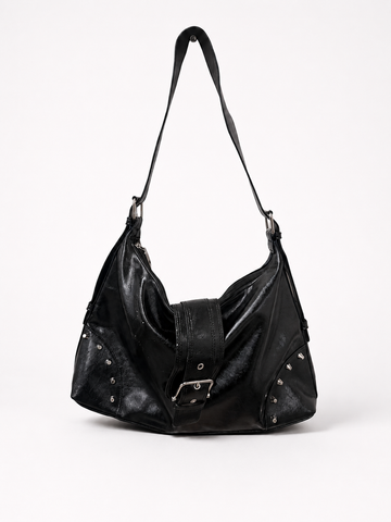 STUDDED HARNESS AND ACCENTS HOBO VEGAN LEATHER BAG