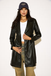DOUBLE BREASTED BELTED VEGAN LEATHER TRENCH COAT