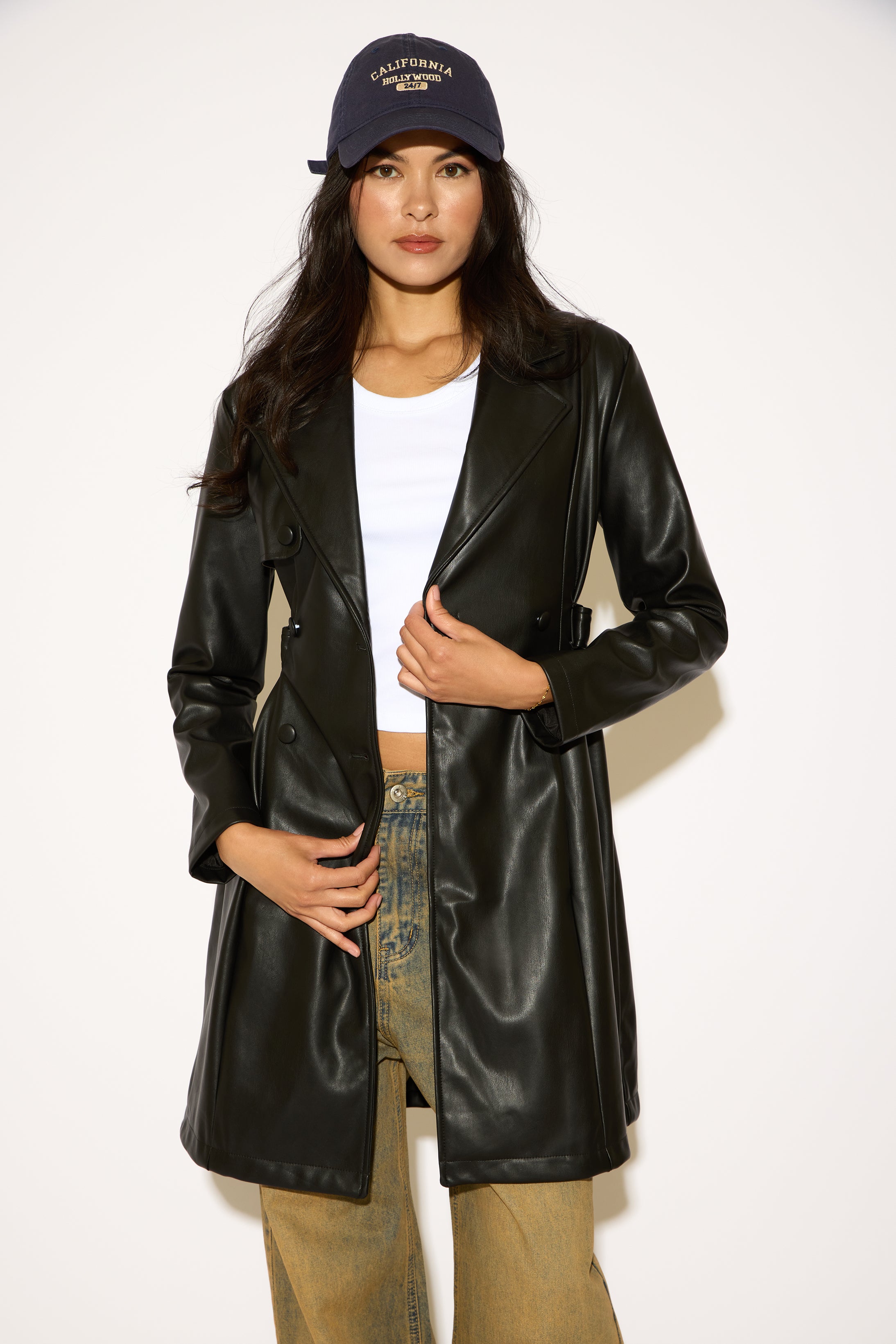 DOUBLE BREASTED BELTED VEGAN LEATHER TRENCH COAT