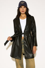 DOUBLE BREASTED BELTED VEGAN LEATHER TRENCH COAT