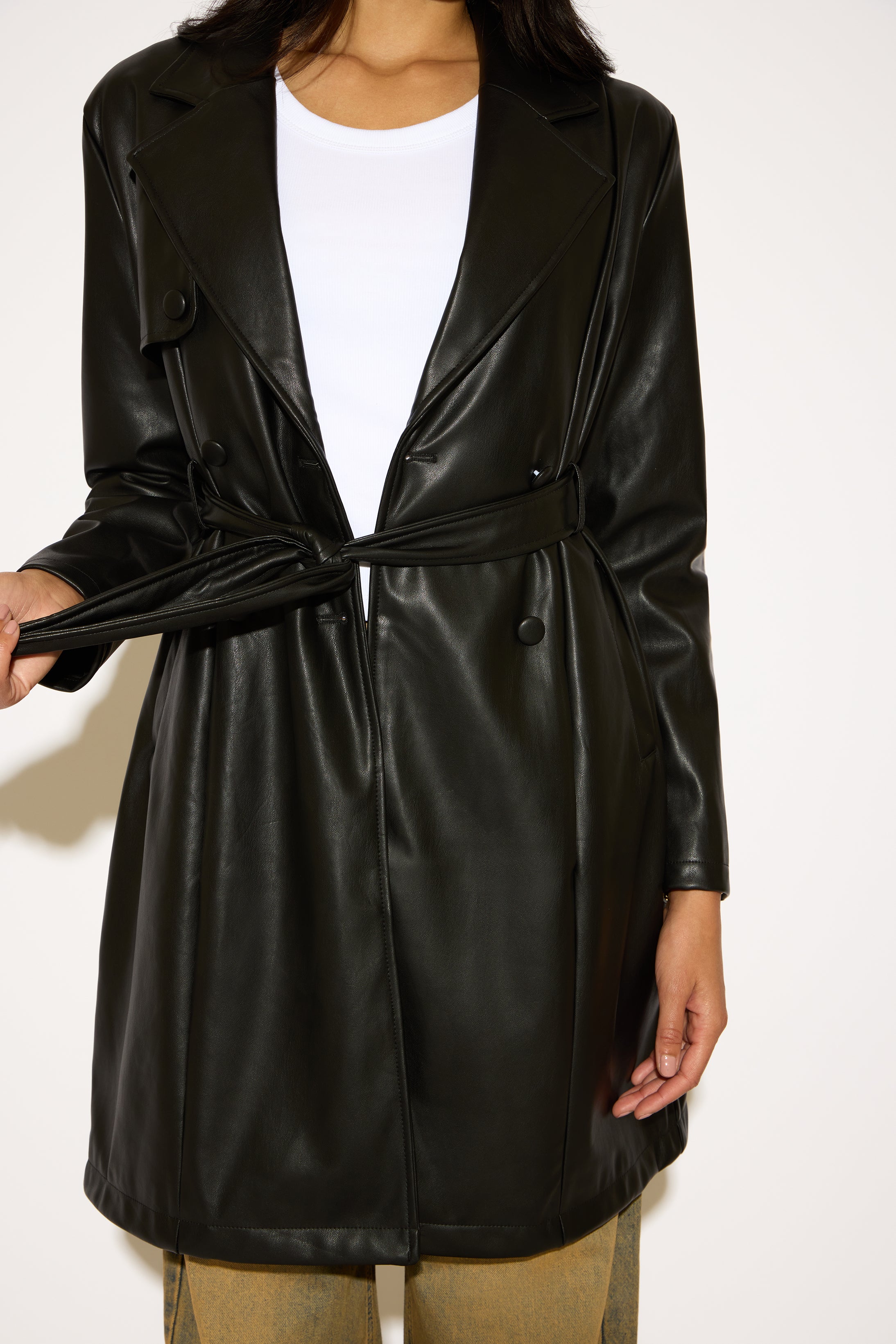 DOUBLE BREASTED BELTED VEGAN LEATHER TRENCH COAT