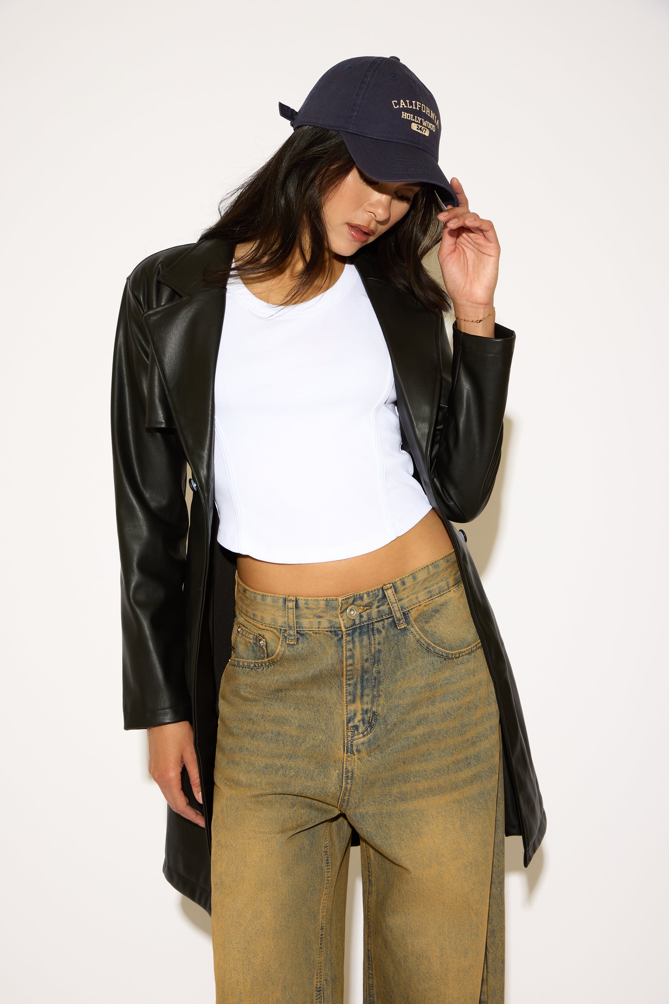 DOUBLE BREASTED BELTED VEGAN LEATHER TRENCH COAT