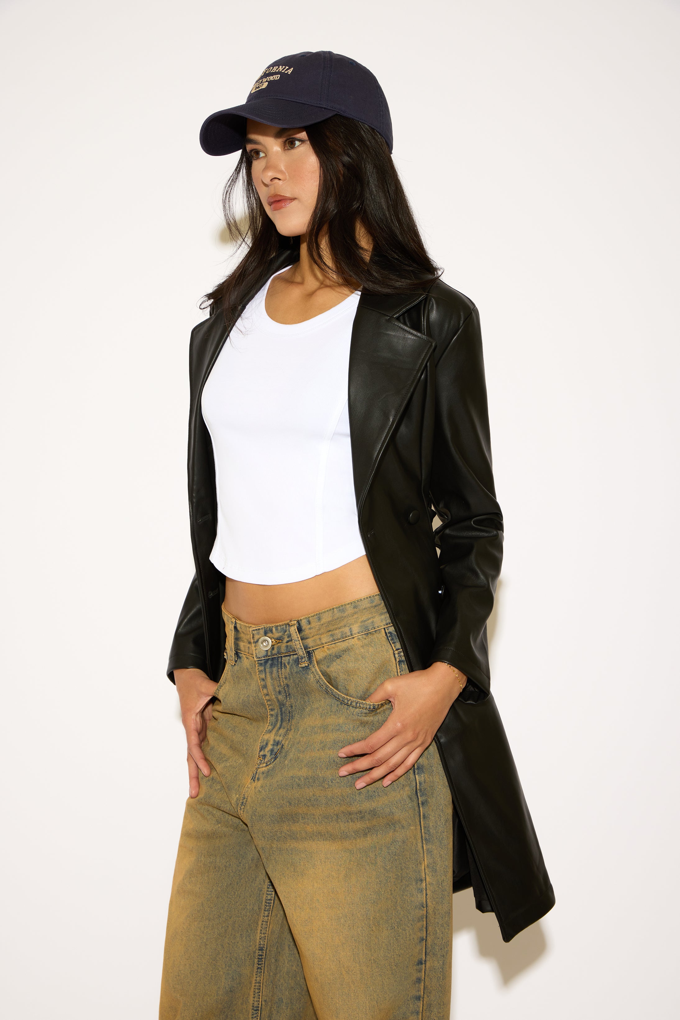 DOUBLE BREASTED BELTED VEGAN LEATHER TRENCH COAT