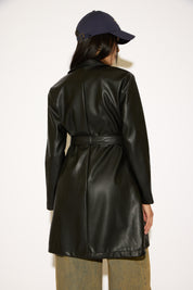DOUBLE BREASTED BELTED VEGAN LEATHER TRENCH COAT