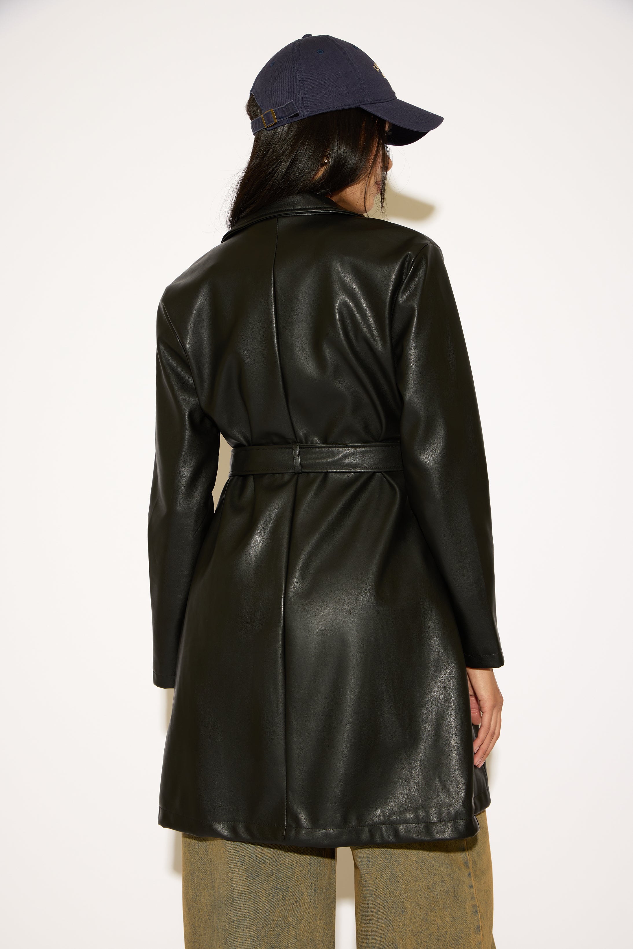 DOUBLE BREASTED BELTED VEGAN LEATHER TRENCH COAT