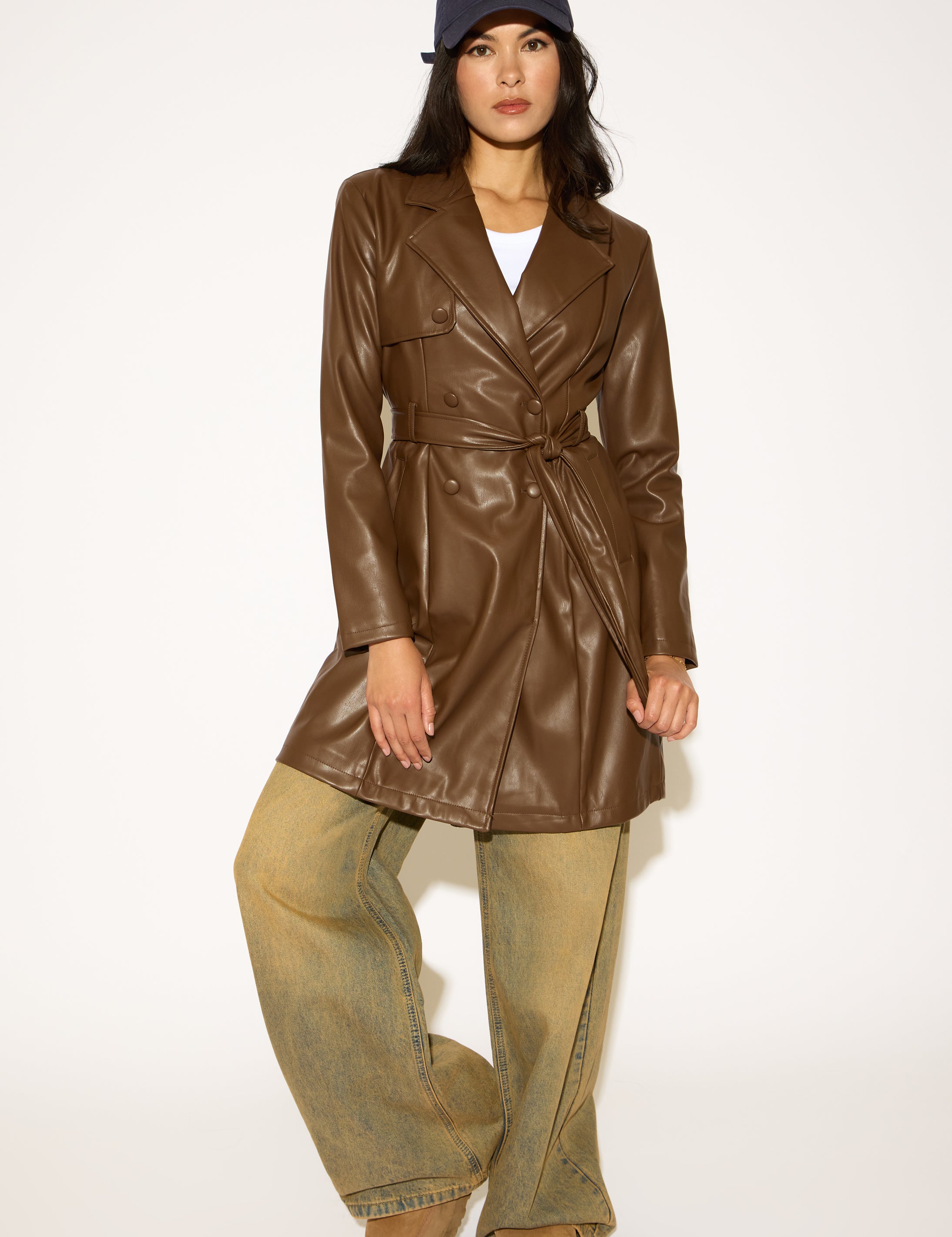 DOUBLE BREASTED BELTED VEGAN LEATHER TRENCH COAT
