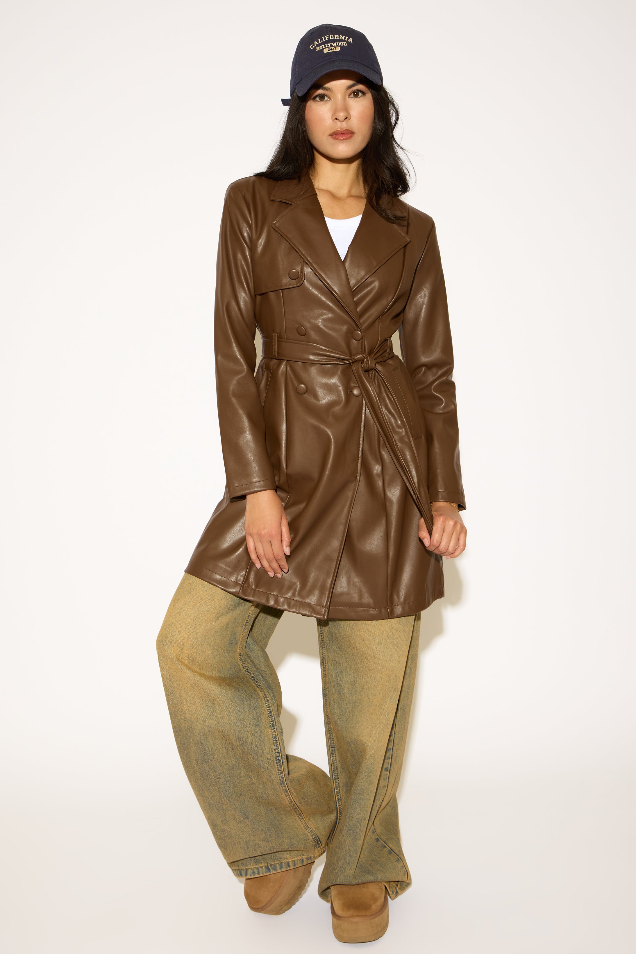 DOUBLE BREASTED BELTED VEGAN LEATHER TRENCH COAT