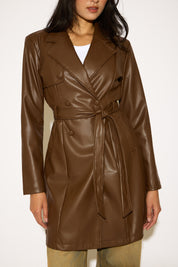 DOUBLE BREASTED BELTED VEGAN LEATHER TRENCH COAT