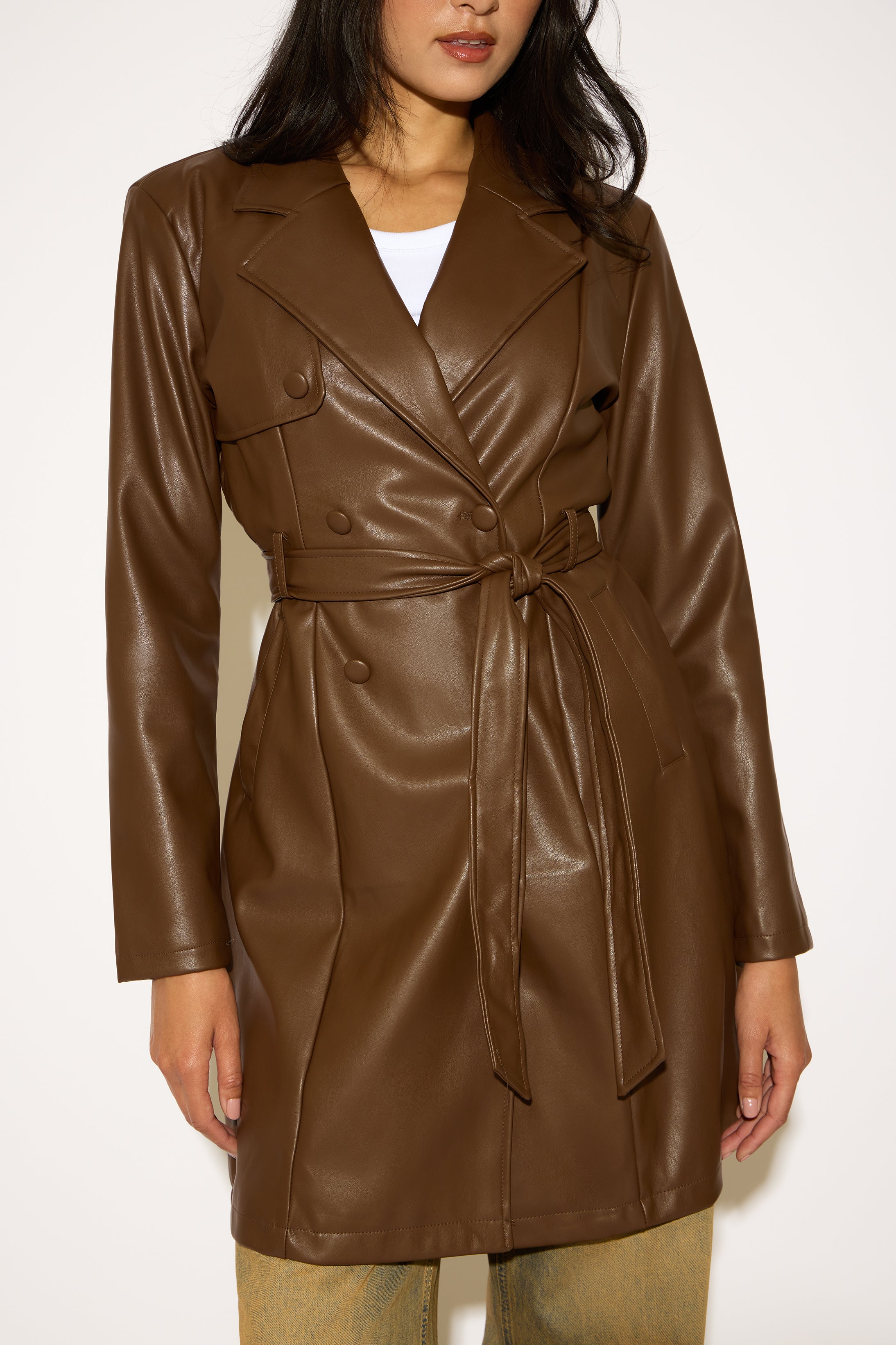 DOUBLE BREASTED BELTED VEGAN LEATHER TRENCH COAT