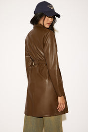 DOUBLE BREASTED BELTED VEGAN LEATHER TRENCH COAT