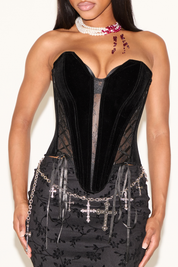 POINTED HEM VELVET STRAPLESS CORSET TOP WITH RIBBONS