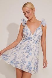 FLORAL SWIRLY STRAP SHIRRED MINI DRESS