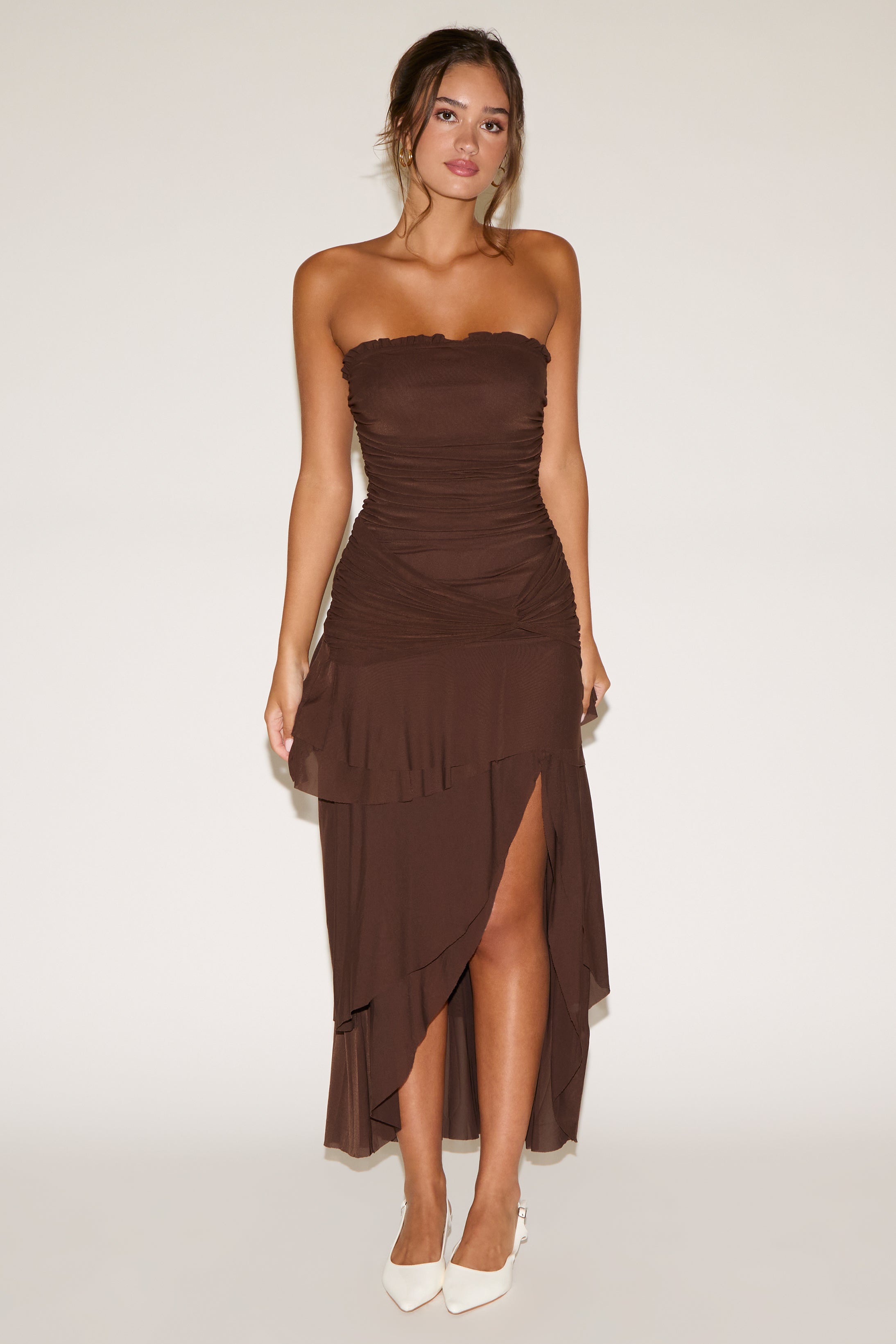 STRAPLESS RUCHED BODICE DROP WAIST RUFFLE MAXI DRESS
