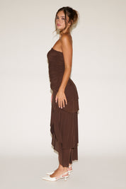 STRAPLESS RUCHED BODICE DROP WAIST RUFFLE MAXI DRESS