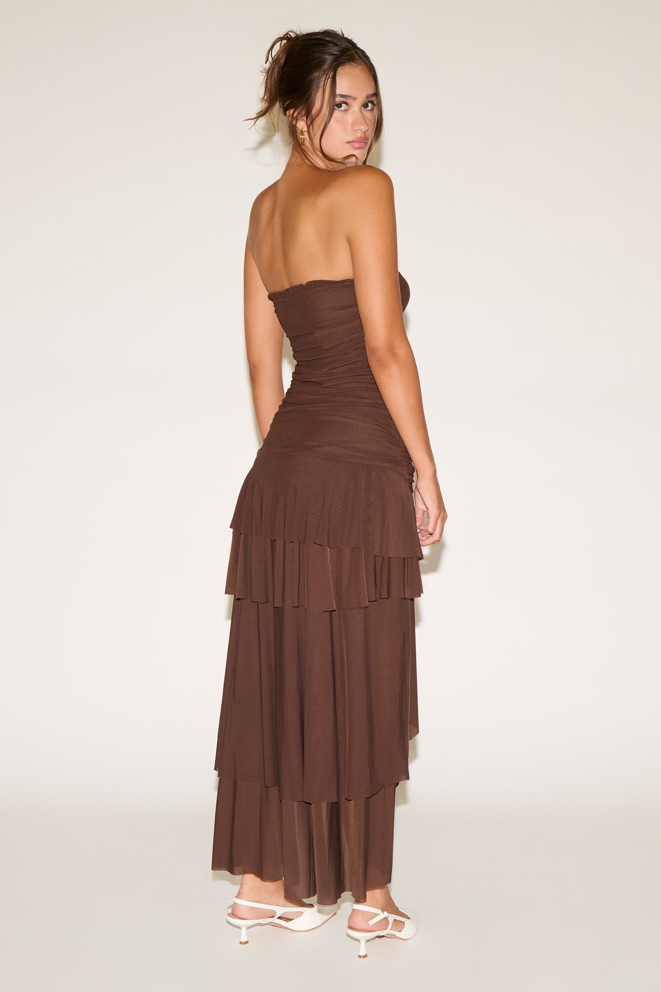STRAPLESS RUCHED BODICE DROP WAIST RUFFLE MAXI DRESS