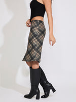 MESH PLAID PRINT KNEE LENGTH SKIRT