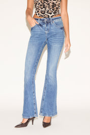 WASHED TUMMY CONTROL HIGH RISE FLARE DENIM PANT