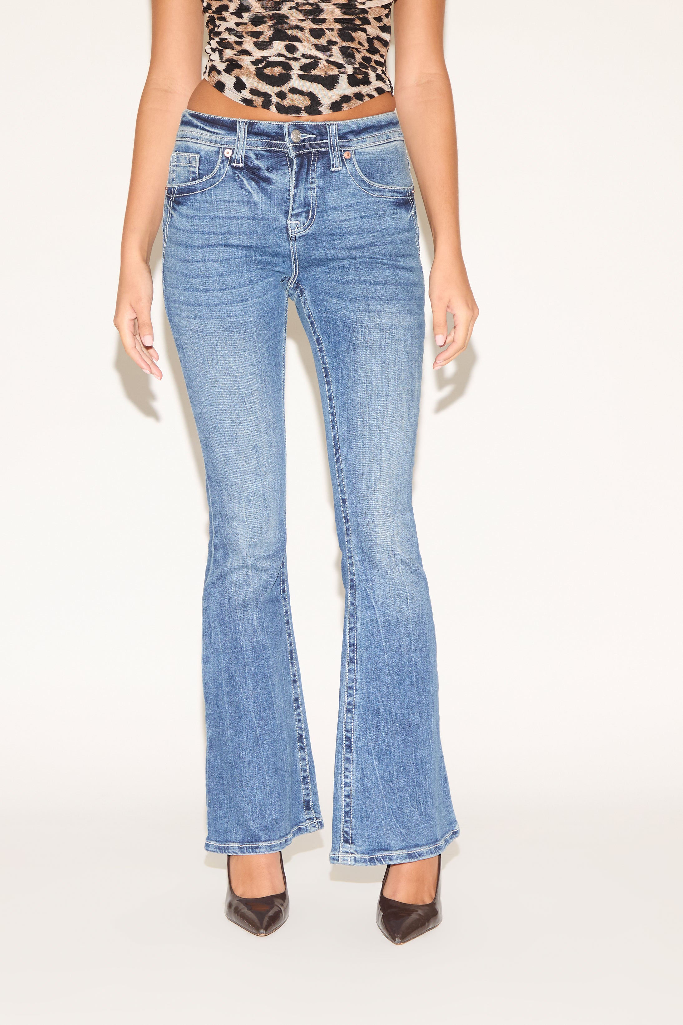 WASHED TUMMY CONTROL HIGH RISE FLARE DENIM PANT