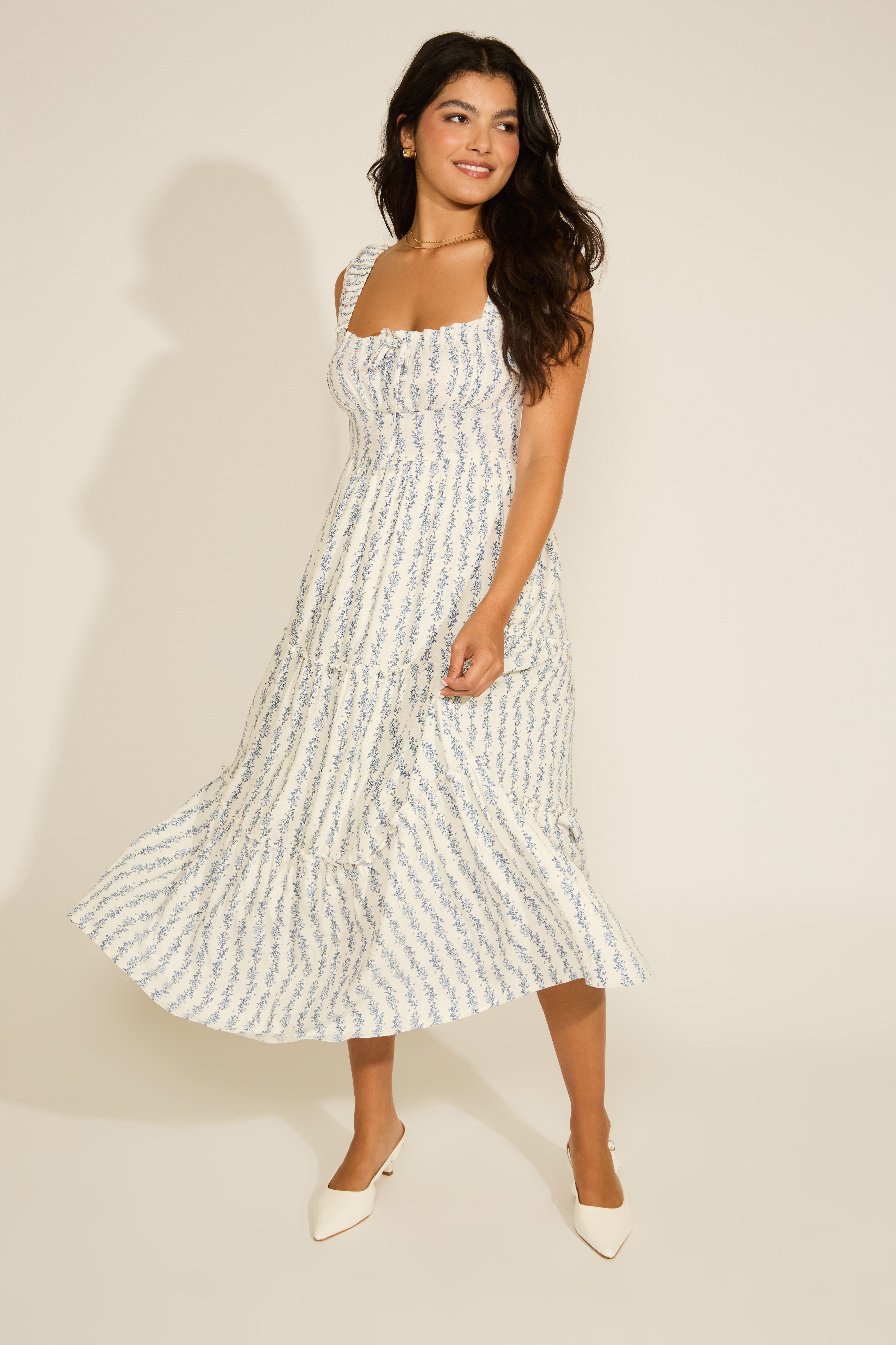 FLORAL STRIPE RUFFLE DETAIL MAXI DRESS