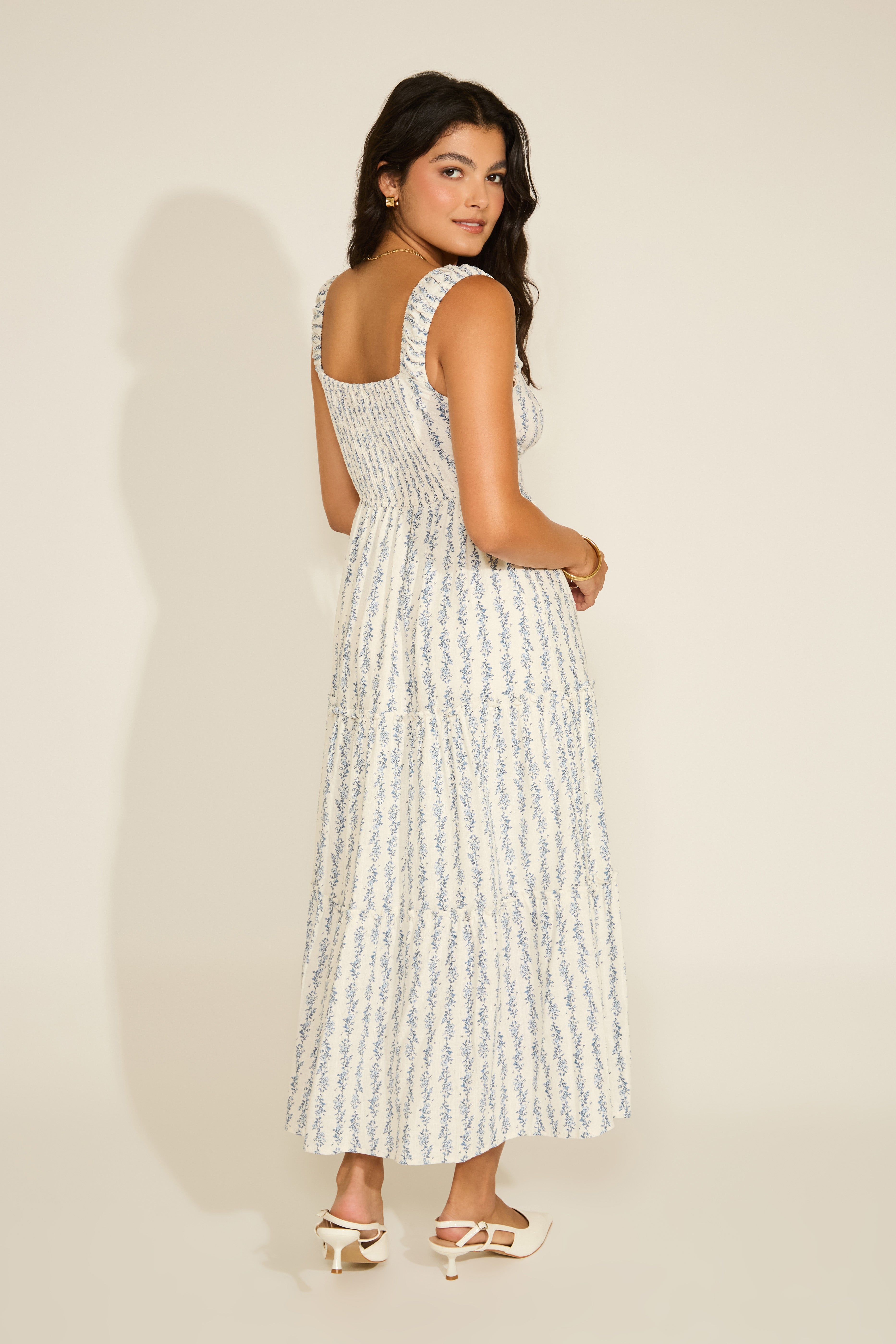 FLORAL STRIPE RUFFLE DETAIL MAXI DRESS