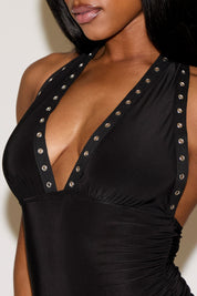 EYELET DETAIL HALTER NECK RUCHED TOP