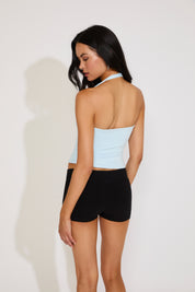 SLEEVELESS HALTER OPEN BACK CROP TOP