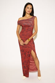 ASYMMETRIC OFF SHOULDER FLORAL MAXI DRESS WITH SLIT