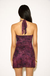 LAYERED LETTUCE HEM HALTER MESH MINI DRESS