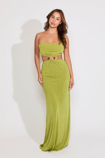 METAL DETAIL STRAPLESS CUTOUTS MAXI DRESS ES / GREEN / S