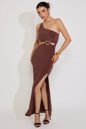 ONE SHOULDER CUTOUT DRESS WITH GOLD ACCENT DETAIL