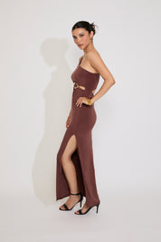 ONE SHOULDER CUTOUT DRESS WITH GOLD ACCENT DETAIL