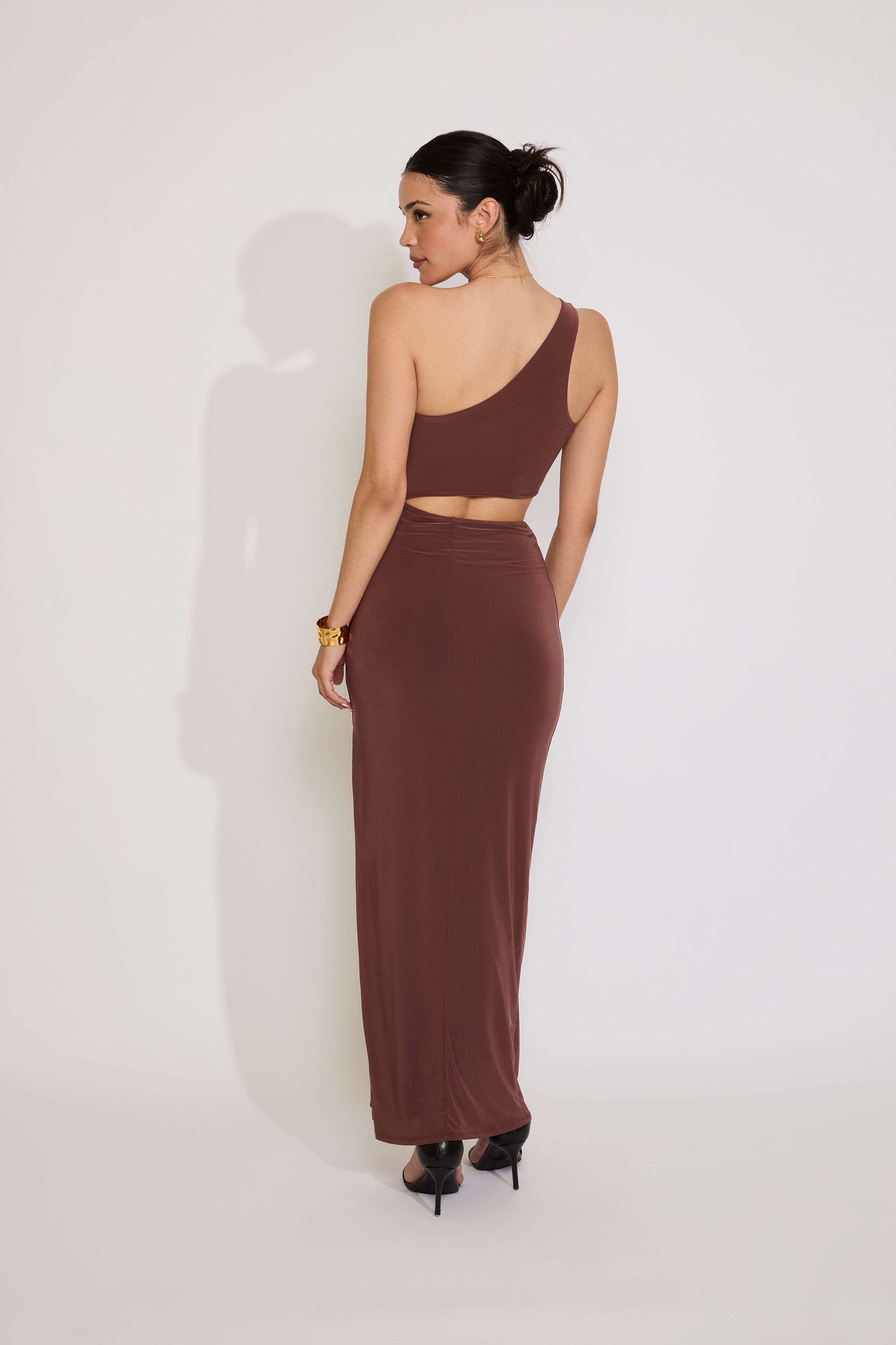 ONE SHOULDER CUTOUT DRESS WITH GOLD ACCENT DETAIL