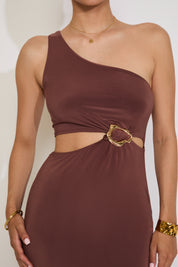 ONE SHOULDER CUTOUT DRESS WITH GOLD ACCENT DETAIL