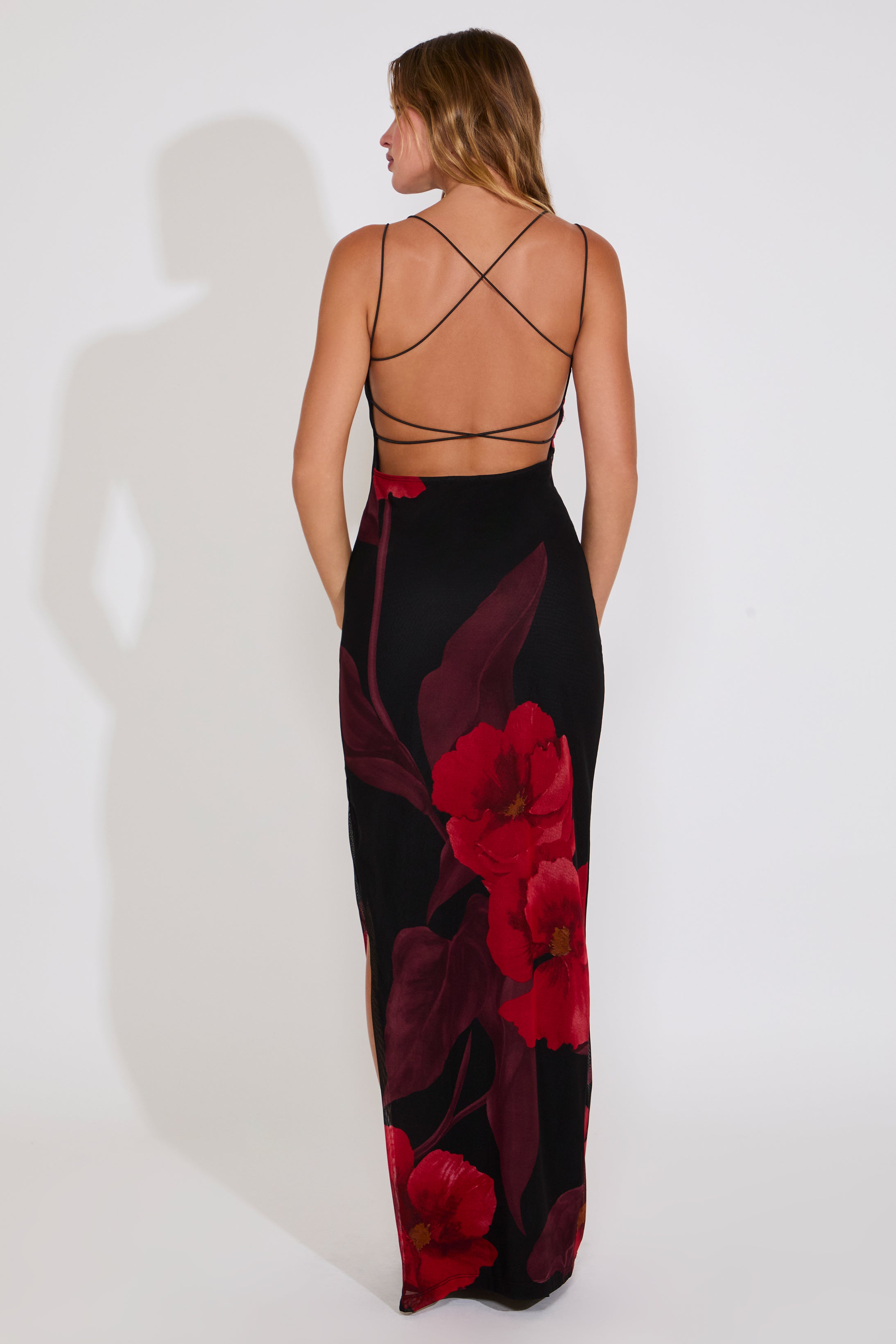 CROSS BACK LARGE FLORAL PRINT MAXI DRESS
